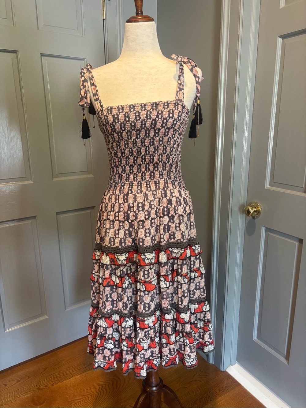 Smocked Tie-Shoulder Maxi Dress in Black and Pink Floral